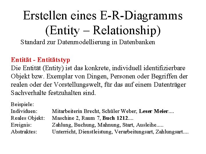 Erstellen eines E-R-Diagramms (Entity – Relationship) Standard zur Datenmodellierung in Datenbanken Entität - Entitätstyp