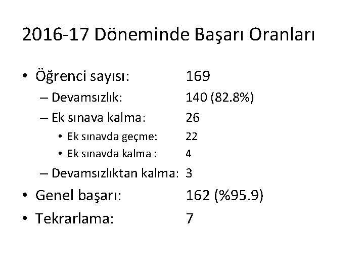 2016 -17 Döneminde Başarı Oranları • Öğrenci sayısı: – Devamsızlık: – Ek sınava kalma: