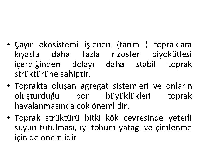  • Çayır ekosistemi işlenen (tarım ) topraklara kıyasla daha fazla rizosfer biyokütlesi içerdiğinden