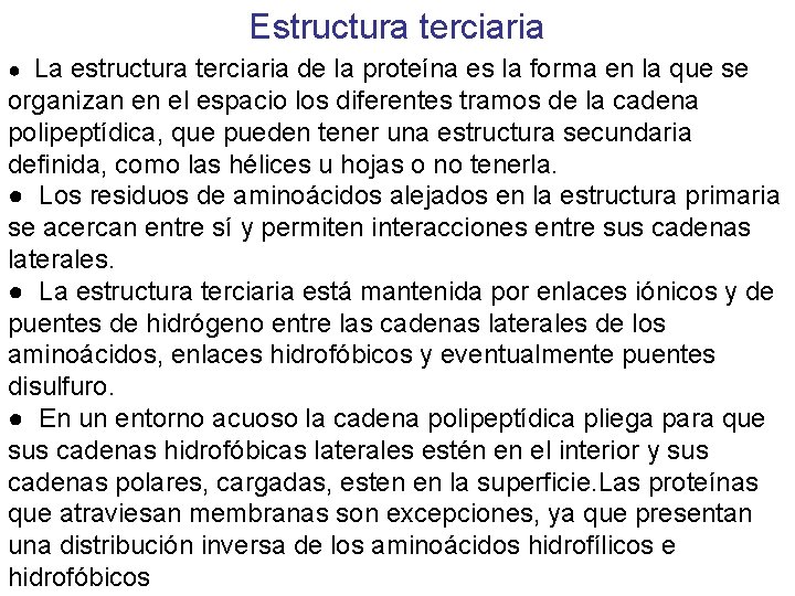 Estructura terciaria ● La estructura terciaria de la proteína es la forma en la