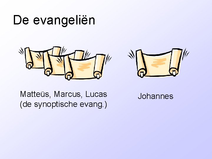 De evangeliën Matteüs, Marcus, Lucas (de synoptische evang. ) Johannes 