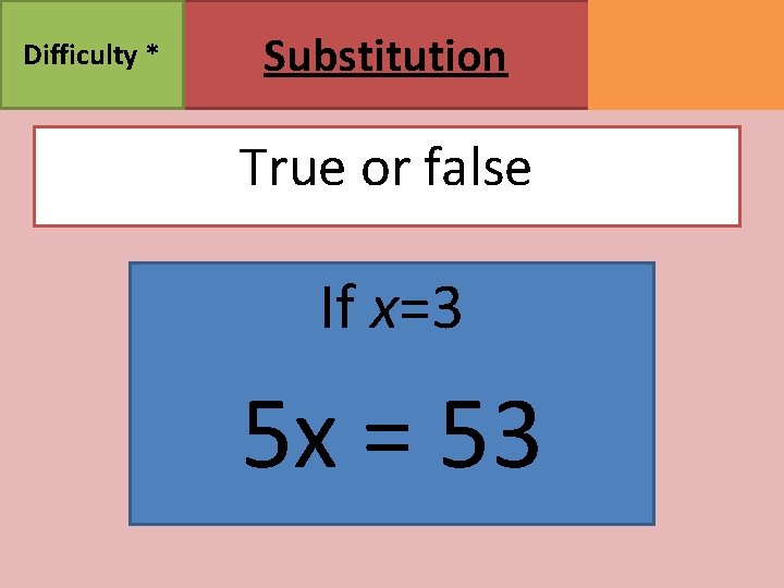 Difficulty * Substitution True or false If x=3 5 x = 53 MATHSWATCH CLIP