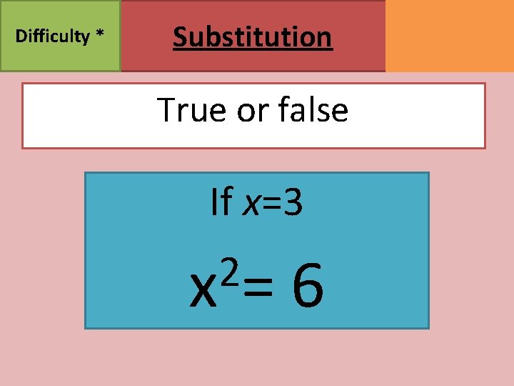 Difficulty * Substitution True or false If x=3 2 x= 6 MATHSWATCH CLIP 95