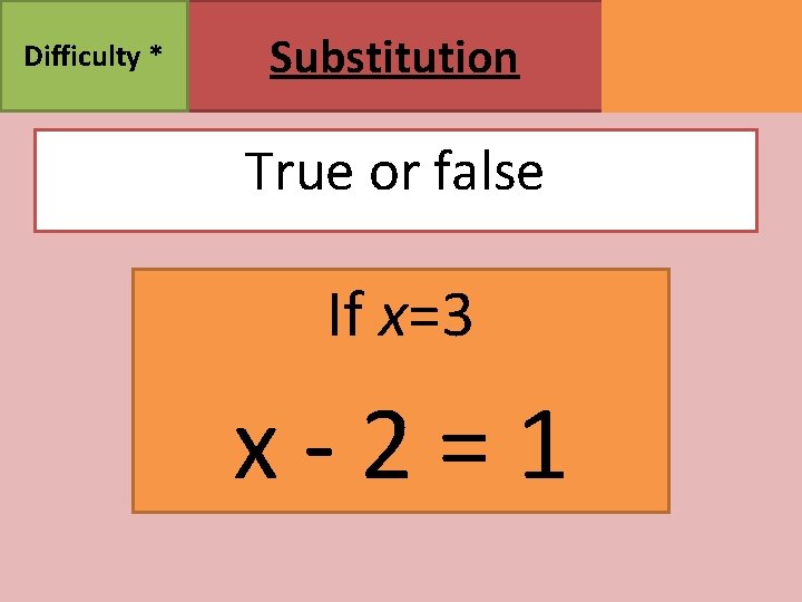 Difficulty * Substitution True or false If x=3 x-2=1 MATHSWATCH CLIP 95 GRADE 3