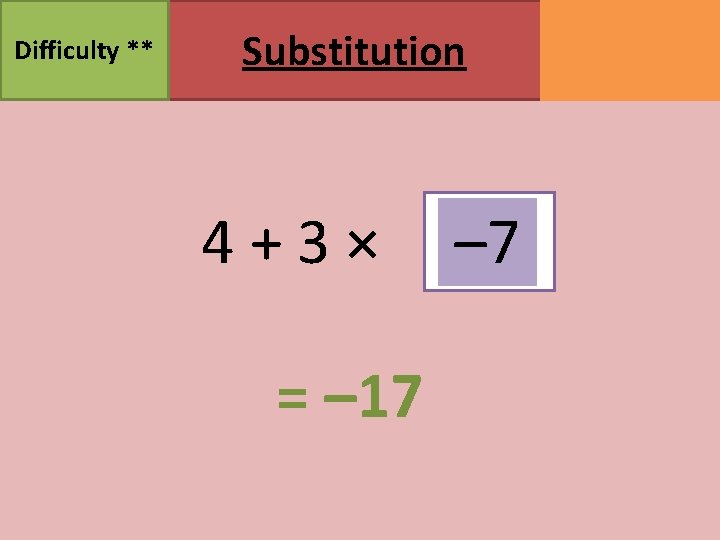 Difficulty ** Substitution 4+3× ===– 17 133 5. 8 28 19 0. 6 43