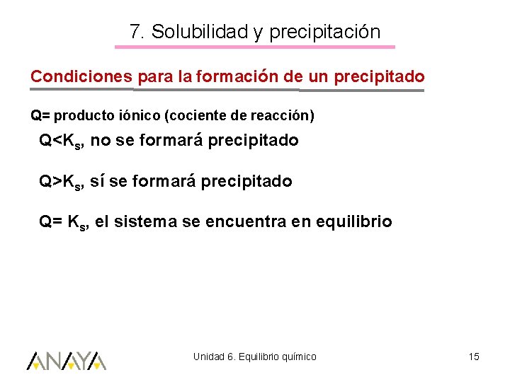 7. Solubilidad y precipitación Condiciones para la formación de un precipitado Q= producto iónico
