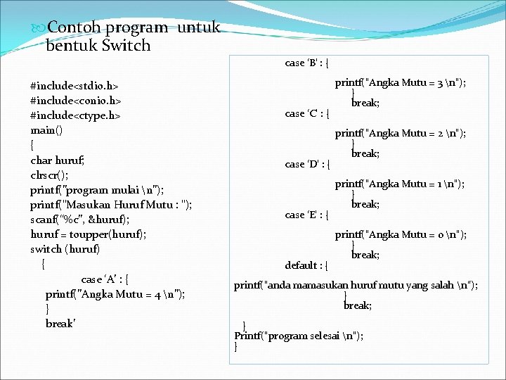  Contoh program untuk bentuk Switch case ‘B’ : { #include<stdio. h> #include<conio. h>