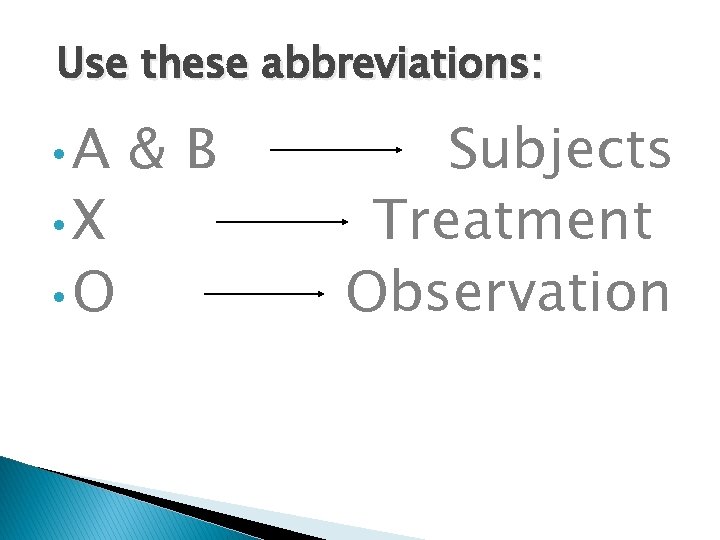 Use these abbreviations: • A • X • O &B Subjects Treatment Observation 