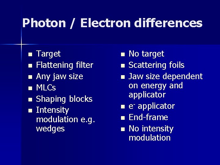 Photon / Electron differences n n n Target Flattening filter Any jaw size MLCs