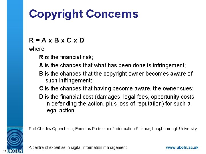 Copyright Concerns R=Ax. Bx. Cx. D where R is the financial risk; A is