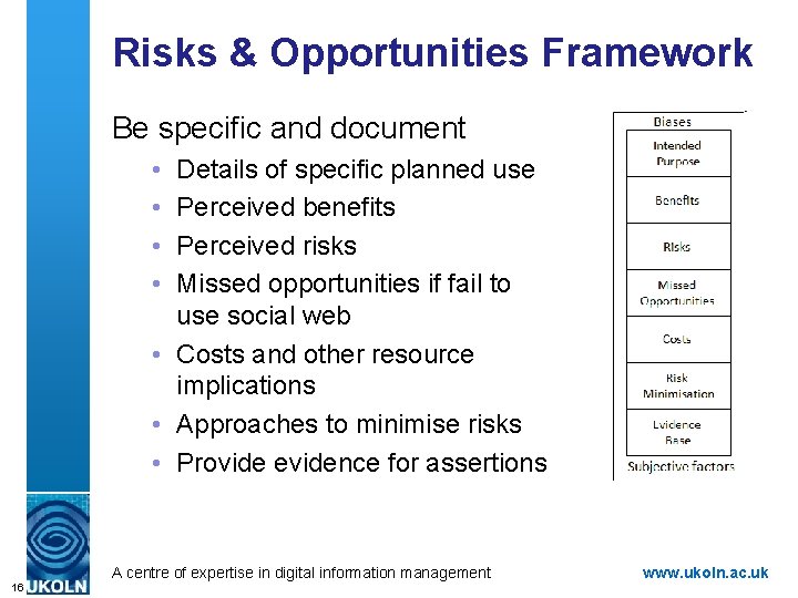 Risks & Opportunities Framework Be specific and document • • Details of specific planned