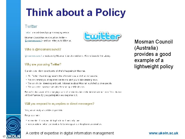 Think about a Policy Mosman Council (Australia) provides a good example of a lightweight