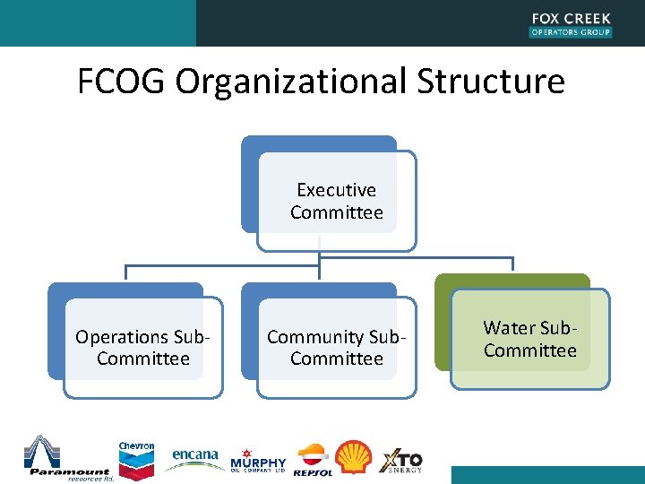 FCOG Organizational Structure Executive Committee Operations Sub. Committee Community Sub. Committee Water Sub. Committee