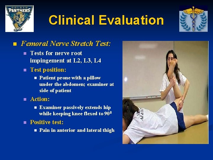 Clinical Evaluation n Femoral Nerve Stretch Test: n n Tests for nerve root impingement
