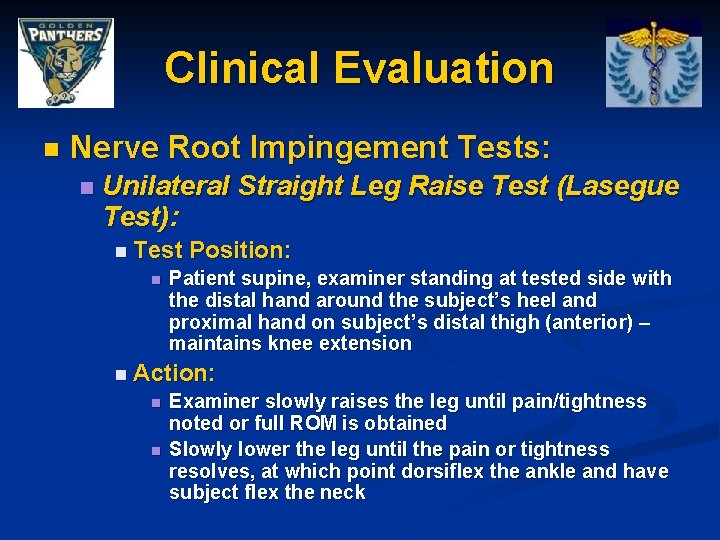 Clinical Evaluation n Nerve Root Impingement Tests: n Unilateral Straight Leg Raise Test (Lasegue