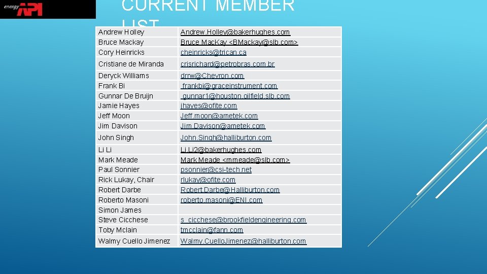 CURRENT MEMBER LIST Andrew Holley Bruce Mackay Cory Heinricks Andrew. Holley@bakerhughes. com Bruce Mac.