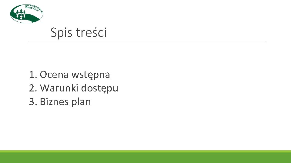 Spis treści 1. Ocena wstępna 2. Warunki dostępu 3. Biznes plan 