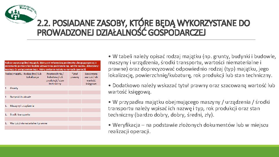 2. 2. POSIADANE ZASOBY, KTÓRE BĘDĄ WYKORZYSTANE DO PROWADZONEJ DZIAŁALNOŚĆ GOSPODARCZEJ • W tabeli