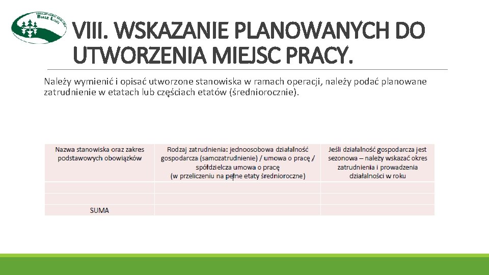 VIII. WSKAZANIE PLANOWANYCH DO UTWORZENIA MIEJSC PRACY. Należy wymienić i opisać utworzone stanowiska w