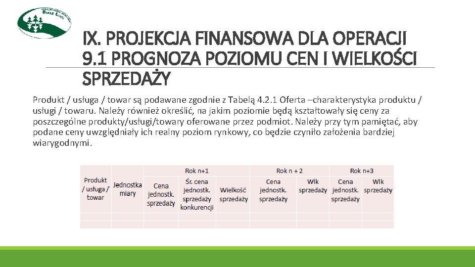 IX. PROJEKCJA FINANSOWA DLA OPERACJI 9. 1 PROGNOZA POZIOMU CEN I WIELKOŚCI SPRZEDAŻY Produkt