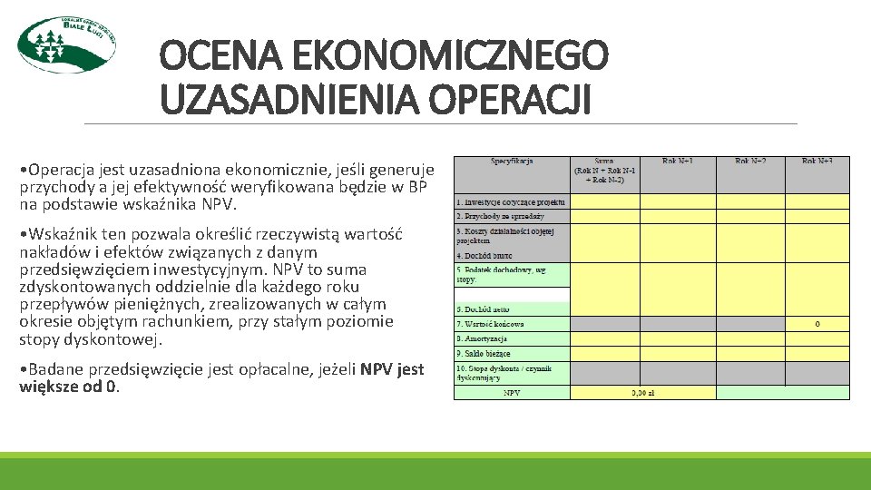 OCENA EKONOMICZNEGO UZASADNIENIA OPERACJI • Operacja jest uzasadniona ekonomicznie, jeśli generuje przychody a jej