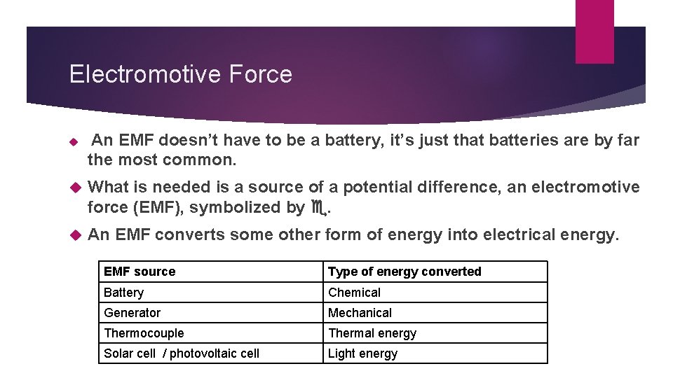 Electromotive Force An EMF doesn’t have to be a battery, it’s just that batteries