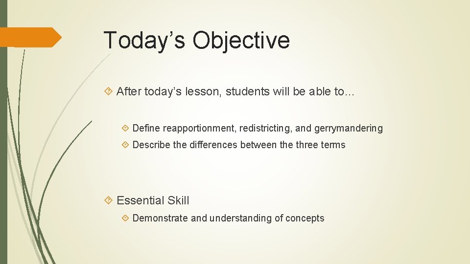 Today’s Objective After today’s lesson, students will be able to… Define reapportionment, redistricting, and