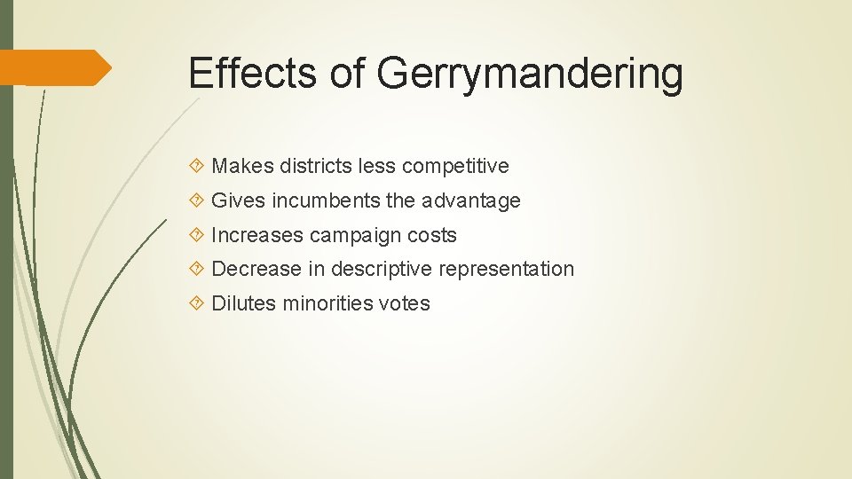 Effects of Gerrymandering Makes districts less competitive Gives incumbents the advantage Increases campaign costs