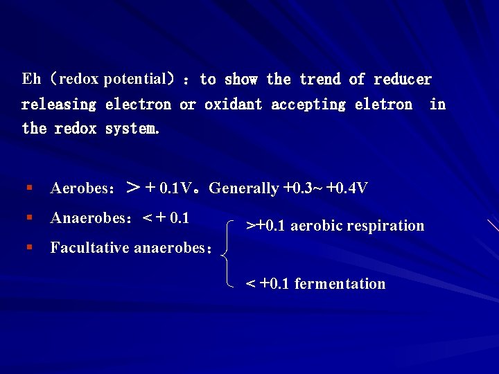 Eh（redox potential）：to show the trend of reducer releasing electron or oxidant accepting eletron in