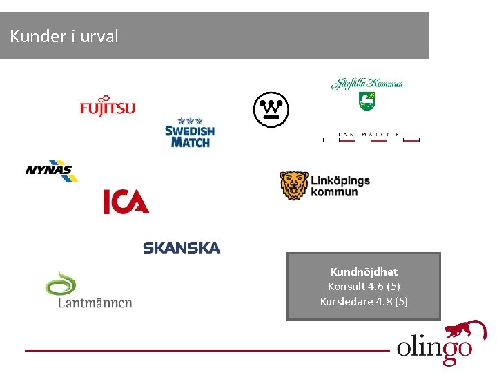 Kunder i urval Kundnöjdhet Konsult 4. 6 (5) Kursledare 4. 8 (5) 