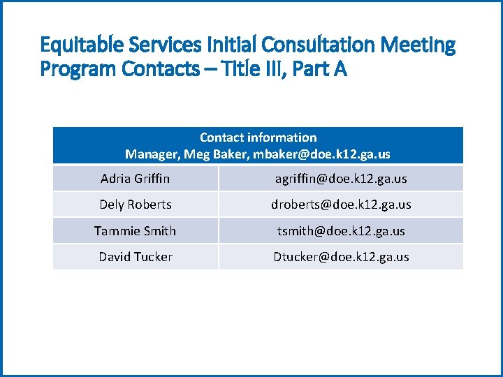 Equitable Services Initial Consultation Meeting Program Contacts – Title III, Part A Contact information