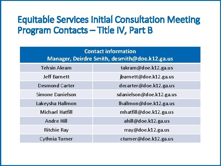 Equitable Services Initial Consultation Meeting Program Contacts – Title IV, Part B Contact information