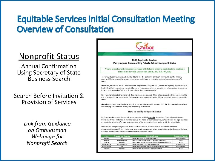 Equitable Services Initial Consultation Meeting Overview of Consultation Nonprofit Status Annual Confirmation Using Secretary