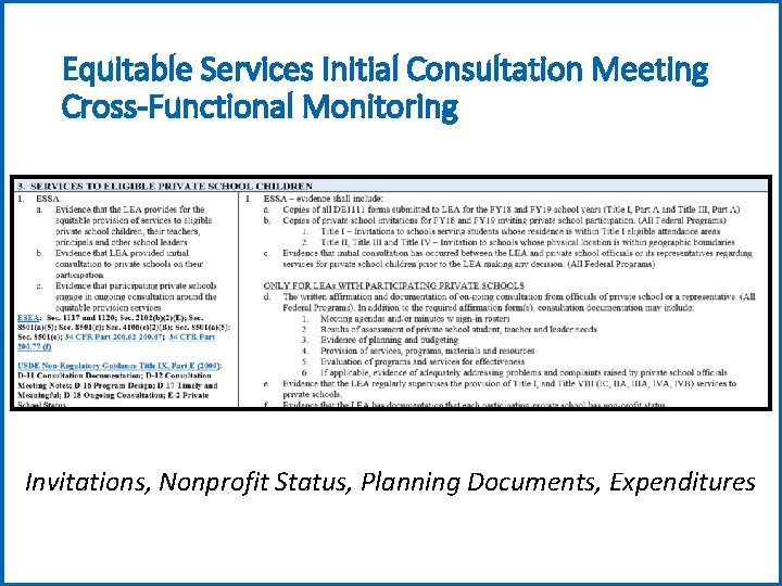 Equitable Services Initial Consultation Meeting Cross-Functional Monitoring Invitations, Nonprofit Status, Planning Documents, Expenditures 