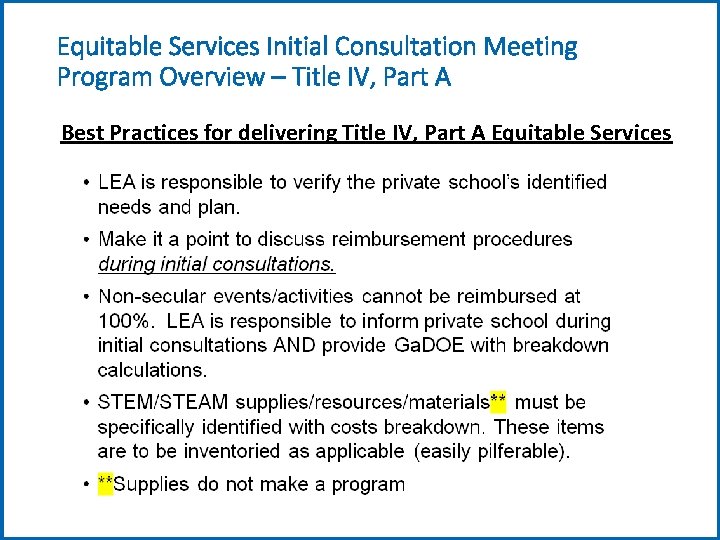 Equitable Services Initial Consultation Meeting Program Overview – Title IV, Part A Best Practices