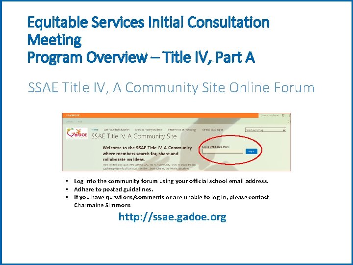 Equitable Services Initial Consultation Meeting Program Overview – Title IV, Part A SSAE Title