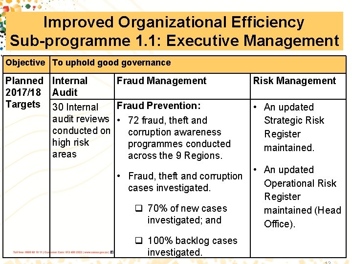 Improved Organizational Efficiency Sub-programme 1. 1: Executive Management Objective To uphold good governance Planned
