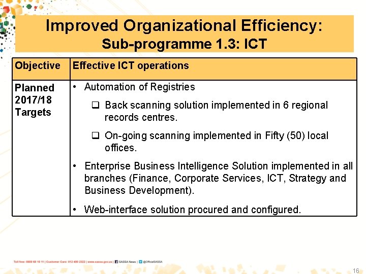 Improved Organizational Efficiency: Sub-programme 1. 3: ICT Objective Effective ICT operations Planned 2017/18 Targets