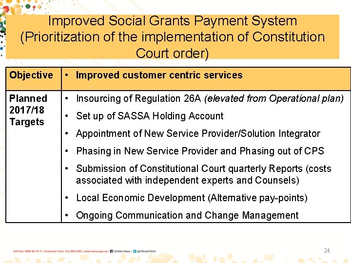 Improved Social Grants Payment System (Prioritization of the implementation of Constitution Court order) Objective