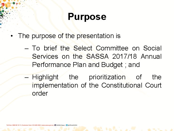 Purpose • The purpose of the presentation is – To brief the Select Committee