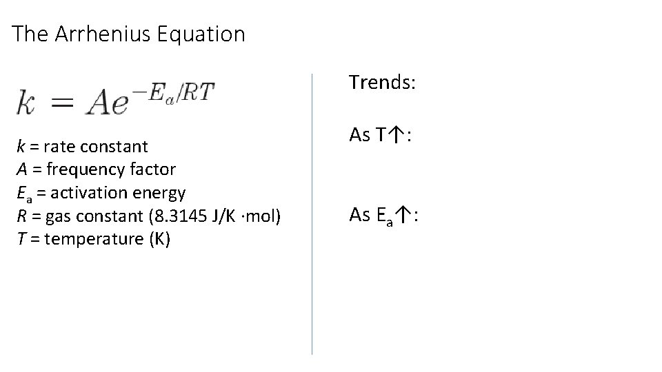 The Arrhenius Equation Trends: k = rate constant A = frequency factor Ea = The Arrhenius Equation Trends: k = rate constant A = frequency factor Ea =