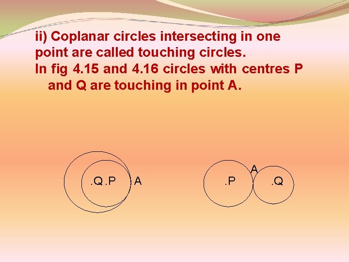 ii) Coplanar circles intersecting in one point are called touching circles. In fig 4.