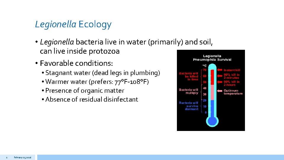 Legionella Ecology • Legionella bacteria live in water (primarily) and soil, can live inside