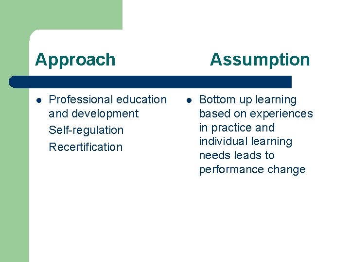 Approach l Professional education and development Self-regulation Recertification Assumption l Bottom up learning based