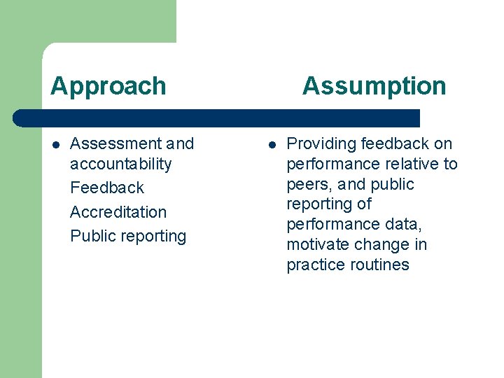 Approach l Assessment and accountability Feedback Accreditation Public reporting Assumption l Providing feedback on