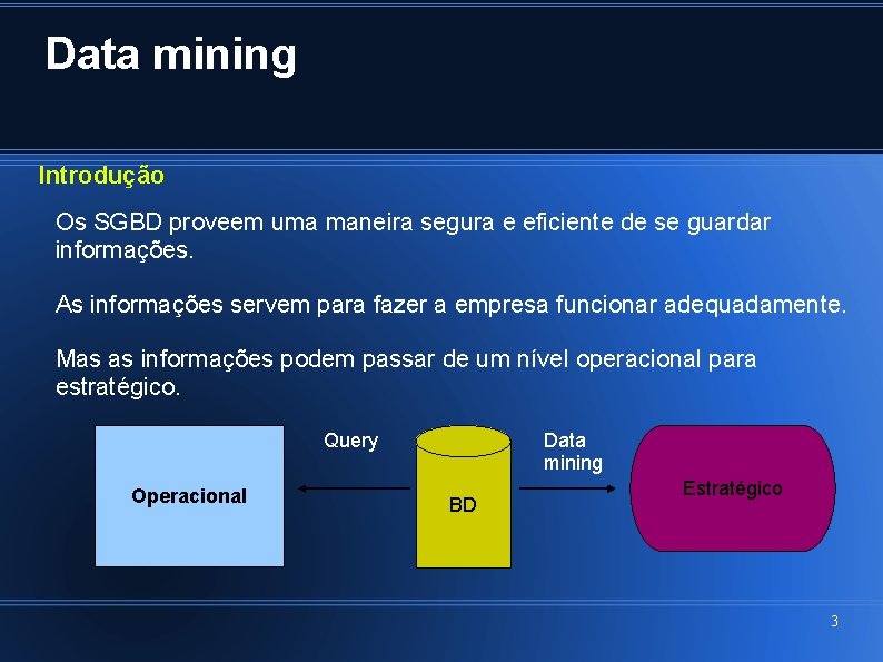 Data mining Introdução Os SGBD proveem uma maneira segura e eficiente de se guardar