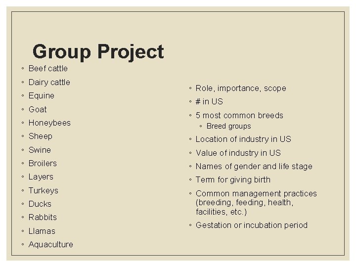 Group Project ◦ Beef cattle ◦ Dairy cattle ◦ Equine ◦ Goat ◦ Honeybees