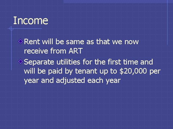 Income Rent will be same as that we now receive from ART Separate utilities
