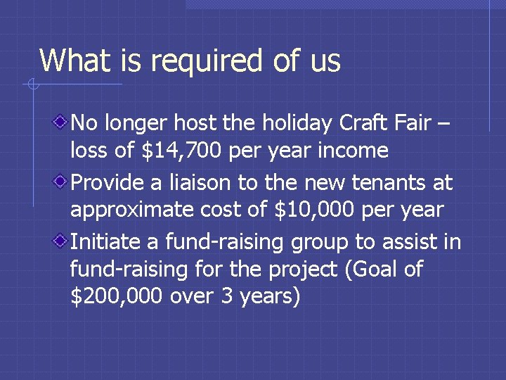 What is required of us No longer host the holiday Craft Fair – loss