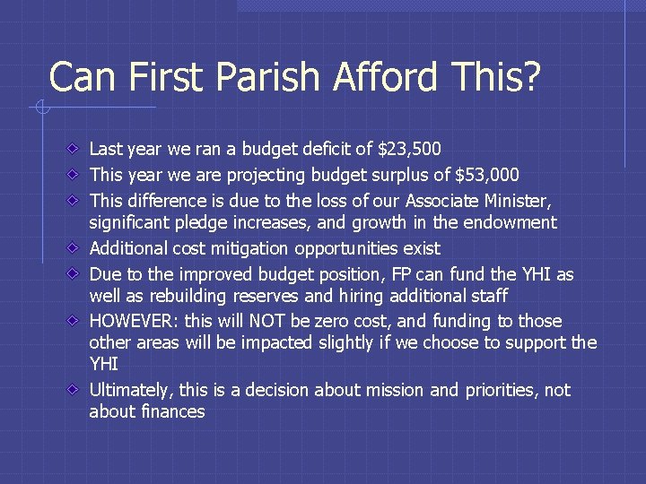 Can First Parish Afford This? Last year we ran a budget deficit of $23,